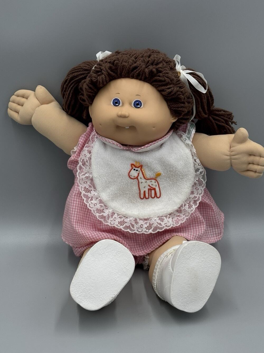 Vintage Cabbage Patch Kids Doll Dress Giraffe Bib Pigtails Brown Hair Tooth